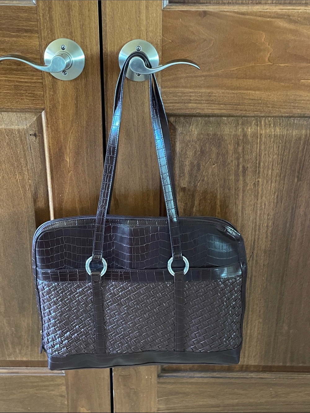 Coldwater Creek Hampton Woven Leather Embossed Crocodile Laptop Brown Tote Bag